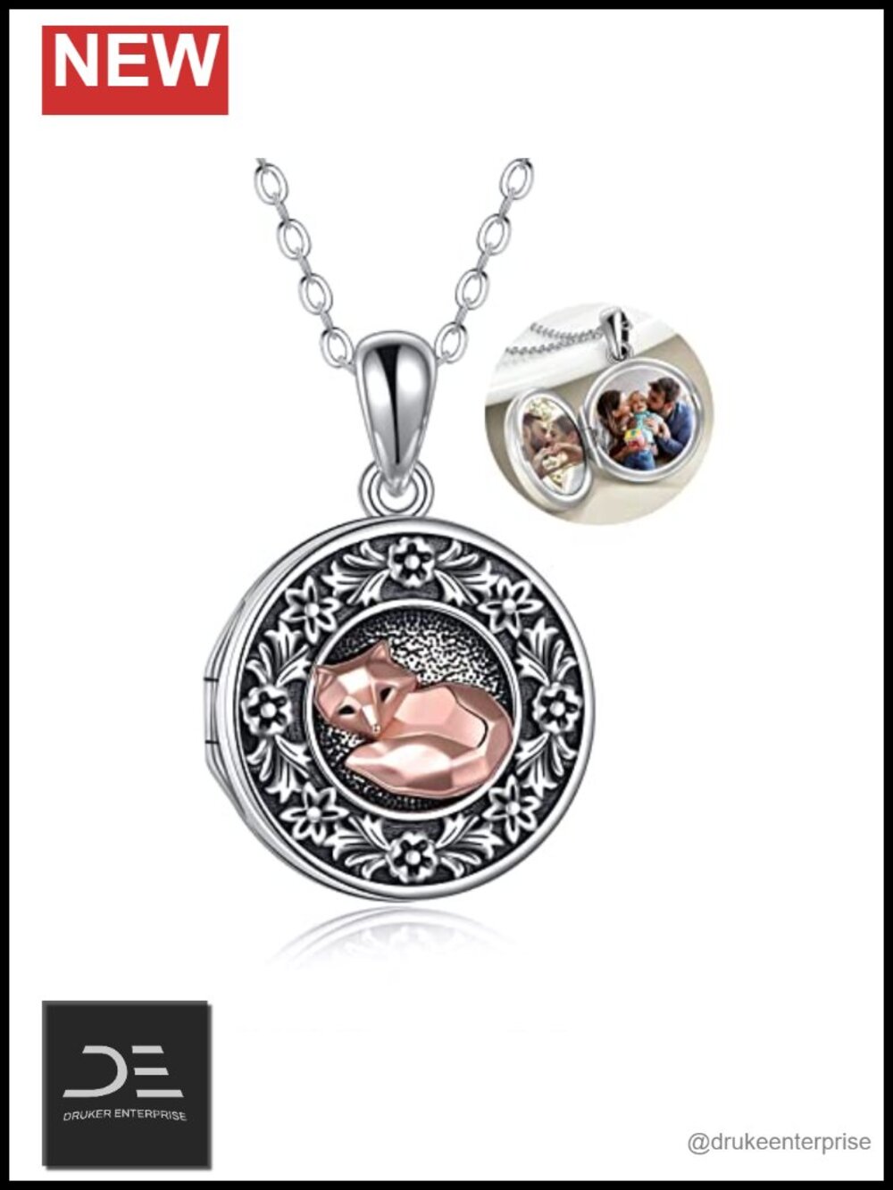 Sterling Silver Fox Locket Necklace 18 Inch Engraved Photo Pendant Gift